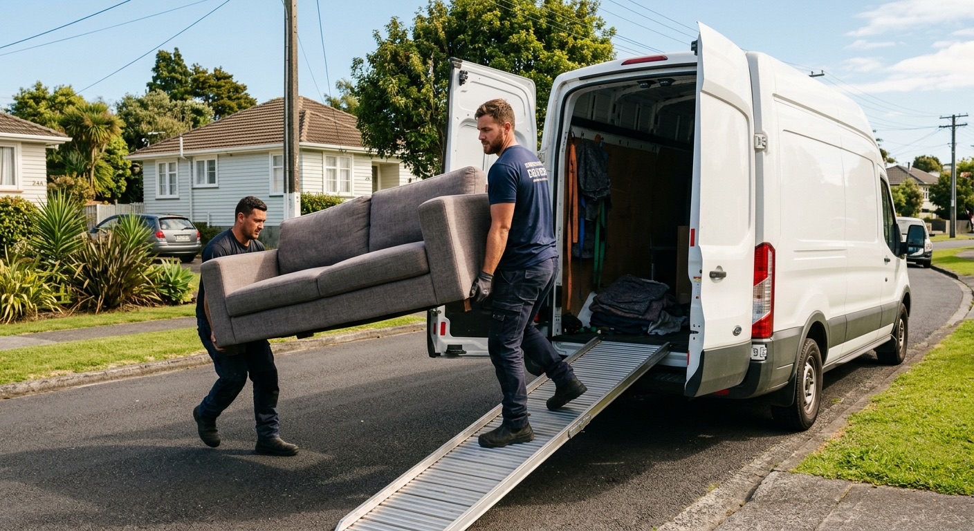 Two movers carrying a couch to a delivery van in a New Zealand neighbourhood