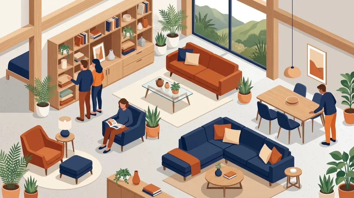 Illustration of people furnishing a bright New Zealand living room