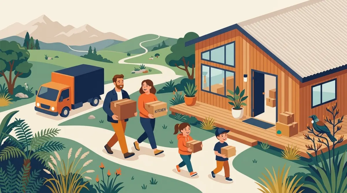 Illustration of a family carrying boxes into their new home