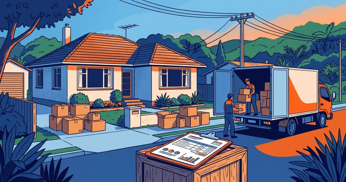 Illustration of a van being loaded outside a New Zealand house