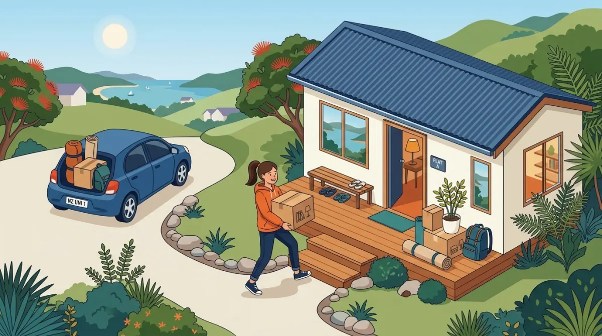 Illustration of someone carrying boxes from a car into a small house